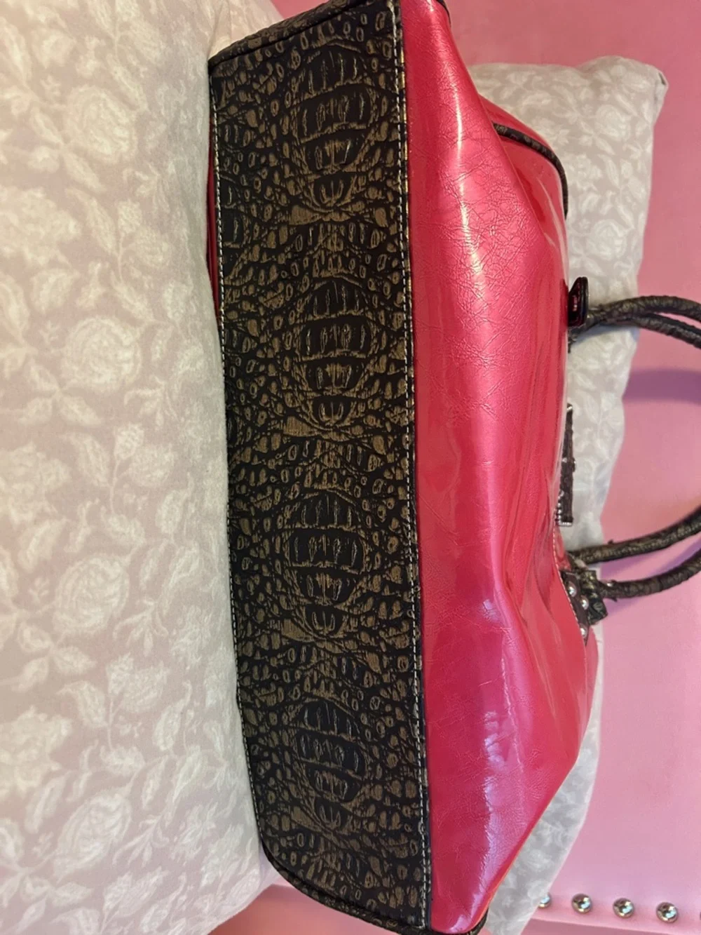 Pink Rhinestone Accent Satchel Handbag - Picture 3 of 7